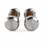 LIONIX ASTERON luxury dumbbell pair in brushed silver finish with walnut wood handles