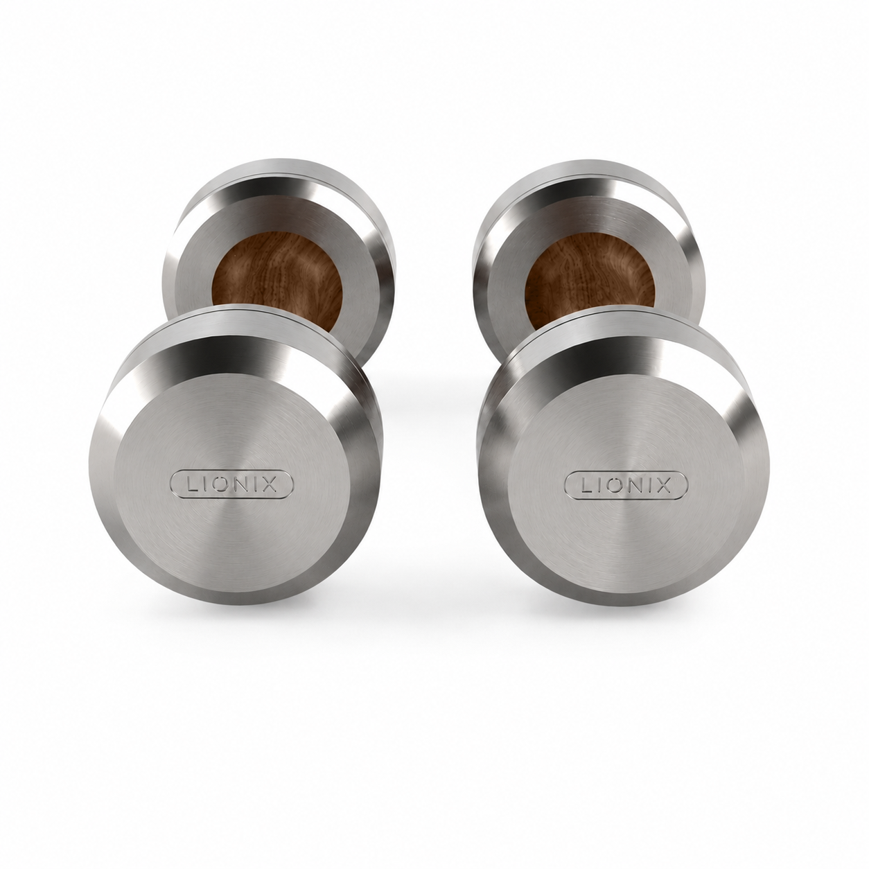 LIONIX ASTERON luxury dumbbell pair in brushed silver finish with walnut wood handles