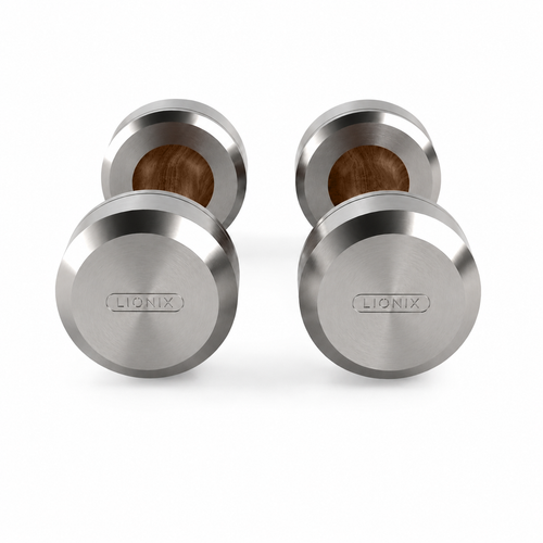 LIONIX ASTERON luxury dumbbell pair in brushed silver finish with walnut wood handles