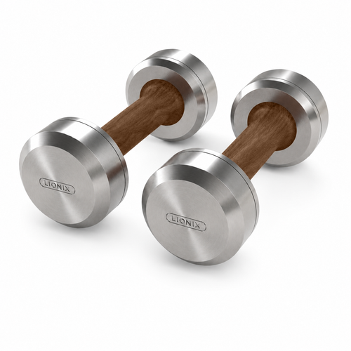 LIONIX ASTERON luxury dumbbell pair in brushed silver finish with walnut wood handles