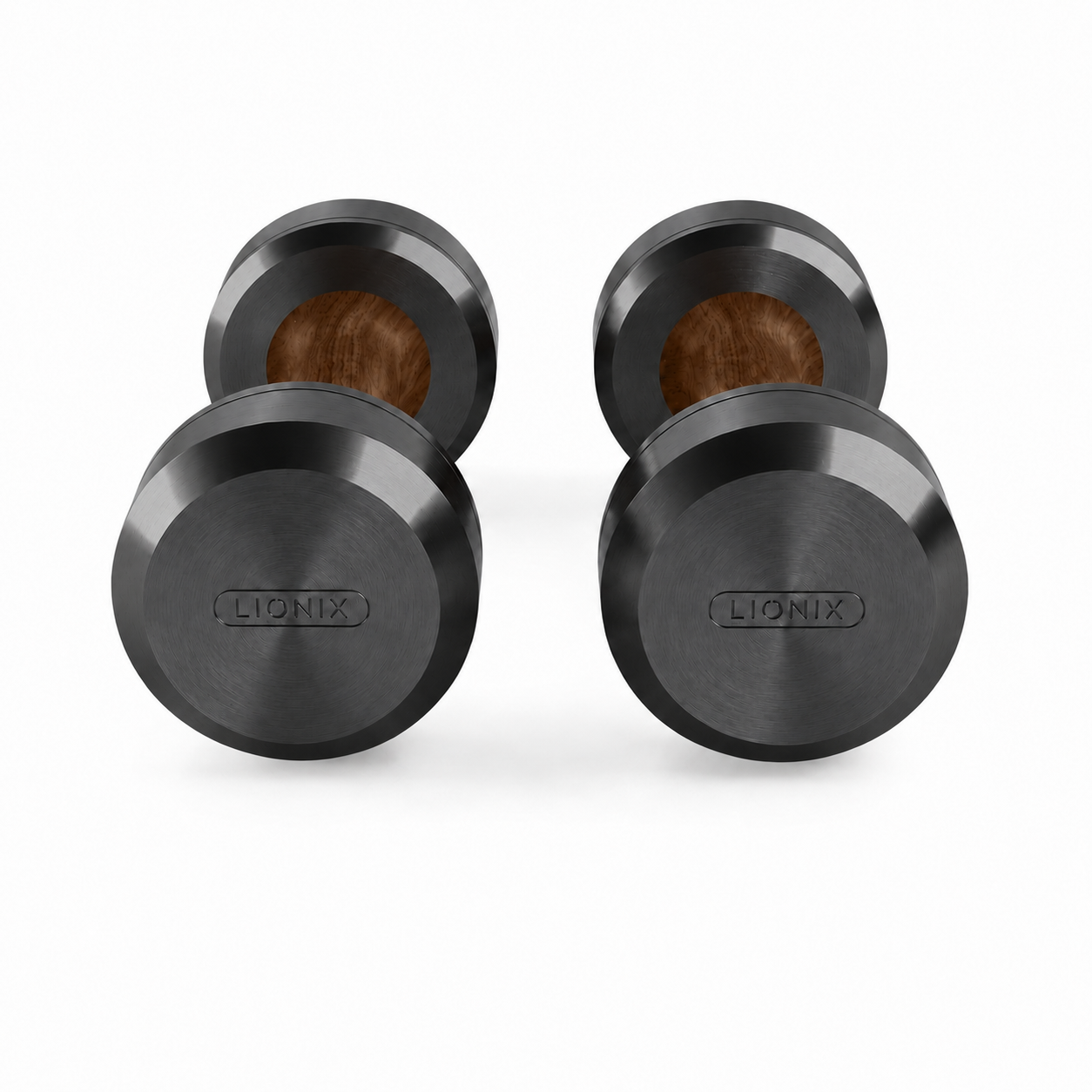 LIONIX ASTERON luxury dumbbell pair in matte black finish with walnut wood handles