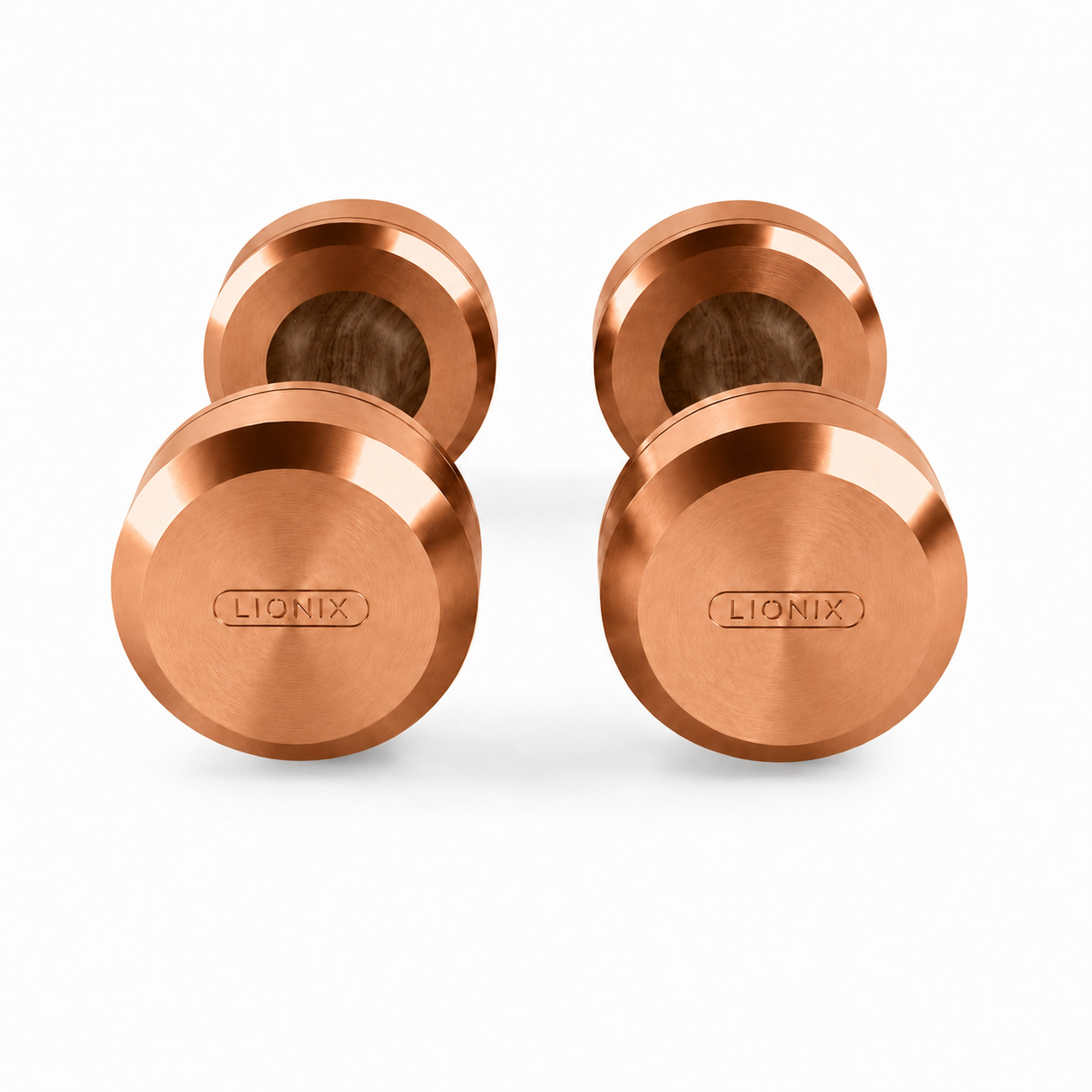 LIONIX ASTERON luxury dumbbell pair in rose gold finish with walnut wood handles