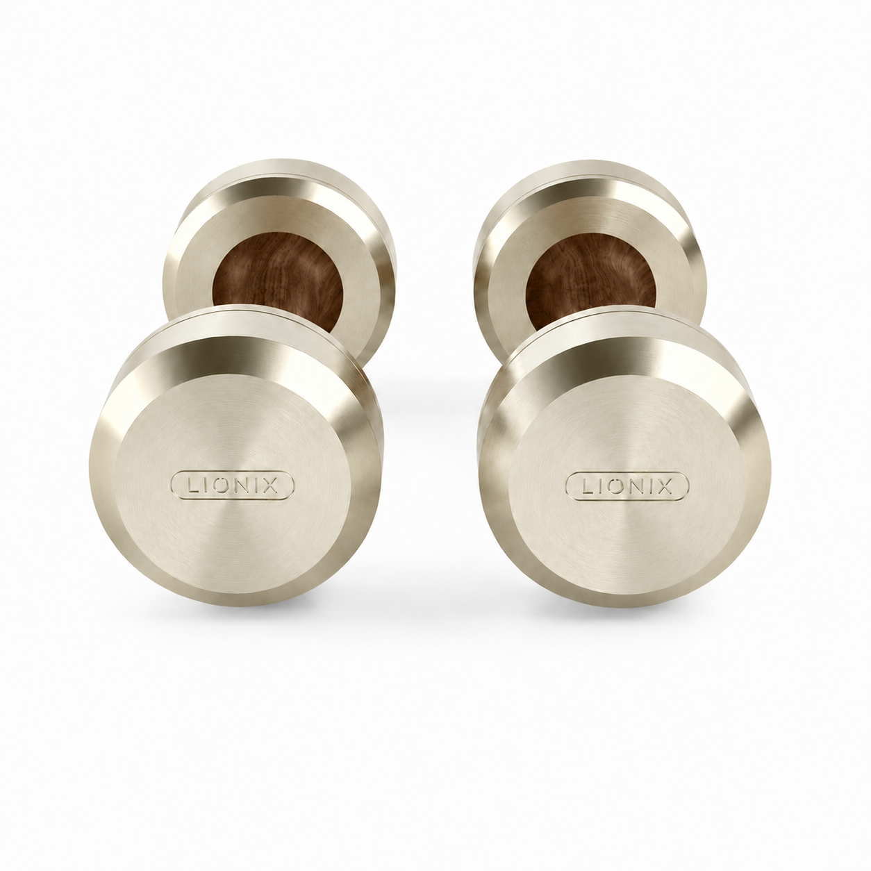 LIONIX ASTERON luxury dumbbell pair in titanium gold finish with walnut wood handles