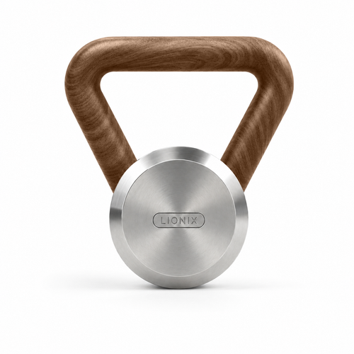 LIONIX ASTERON luxury kettlebell in brushed silver finish with walnut handle