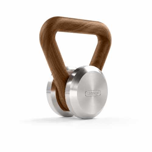LIONIX ASTERON luxury kettlebell in brushed silver finish with walnut handle