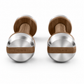 LIONIX AXIS luxury dumbbell pair in brushed silver finish with walnut wood handles