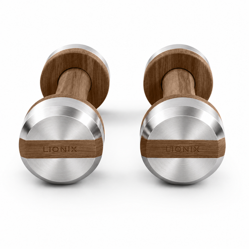 LIONIX AXIS luxury dumbbell pair in brushed silver finish with walnut wood handles