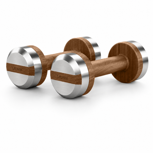 LIONIX AXIS luxury dumbbell pair in brushed silver finish with walnut wood handles