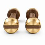 LIONIX AXIS luxury dumbbell pair in champagne gold finish with walnut wood handles