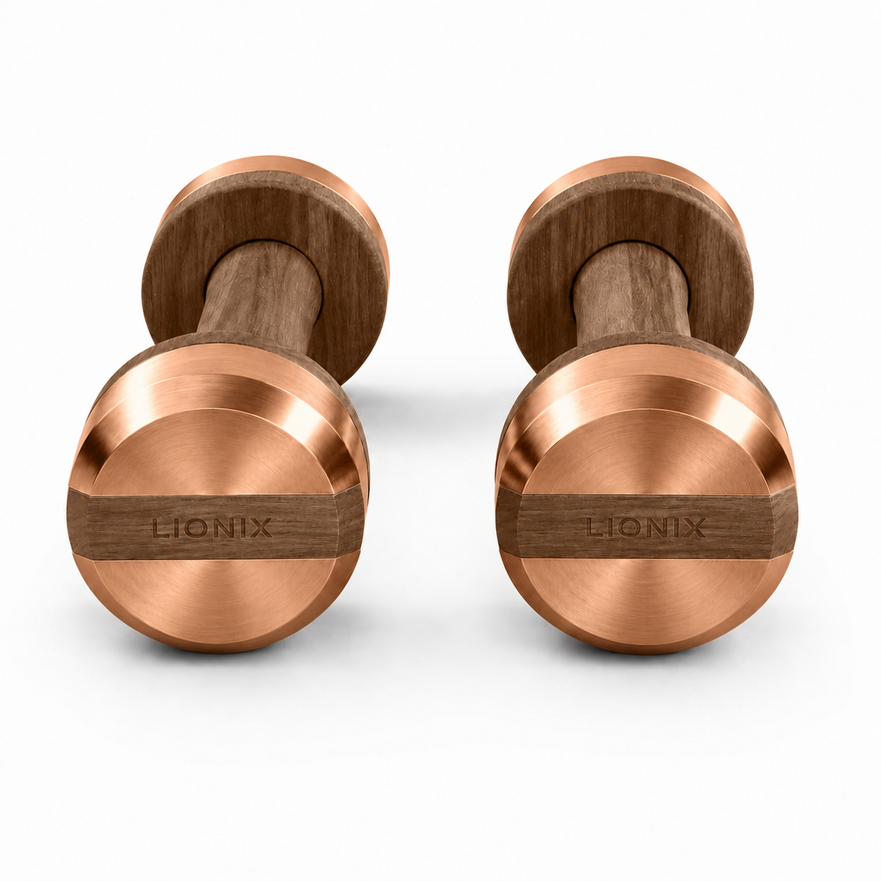 LIONIX AXIS luxury dumbbell pair in rose gold finish with walnut wood handles
