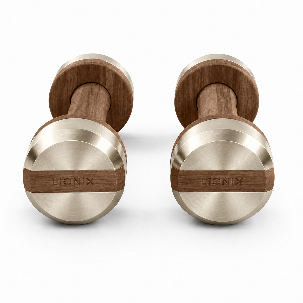 LIONIX AXIS luxury dumbbell pair in titanium gold finish with walnut wood handles