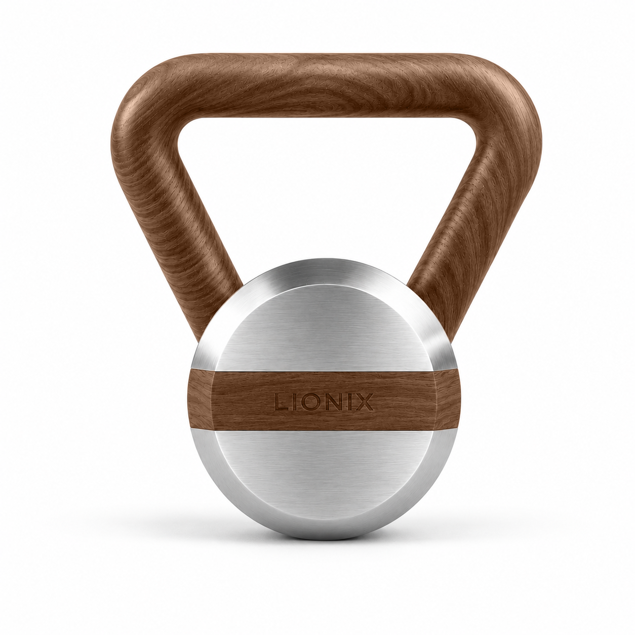 LIONIX AXIS luxury kettlebell in brushed silver finish with walnut handle
