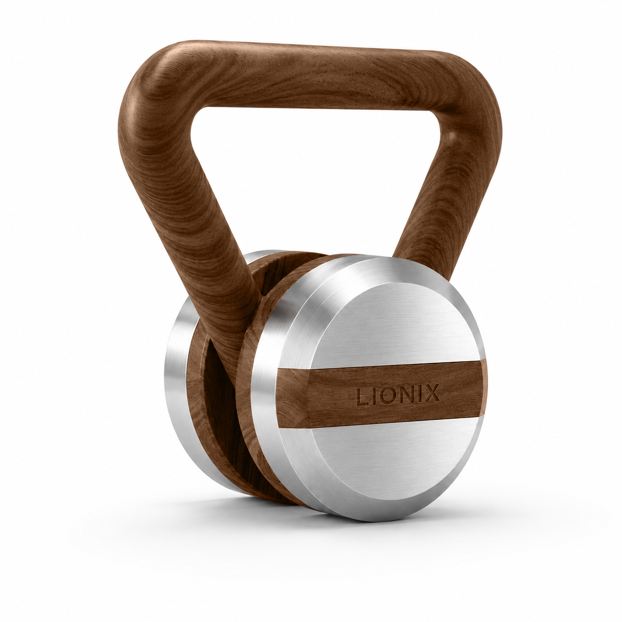 LIONIX AXIS luxury kettlebell in brushed silver finish with walnut handle