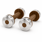 LIONIX CAELON luxury dumbbell pair in brushed silver finish with walnut wood handles