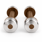 LIONIX CAELON luxury dumbbell pair in brushed silver finish with walnut wood handles