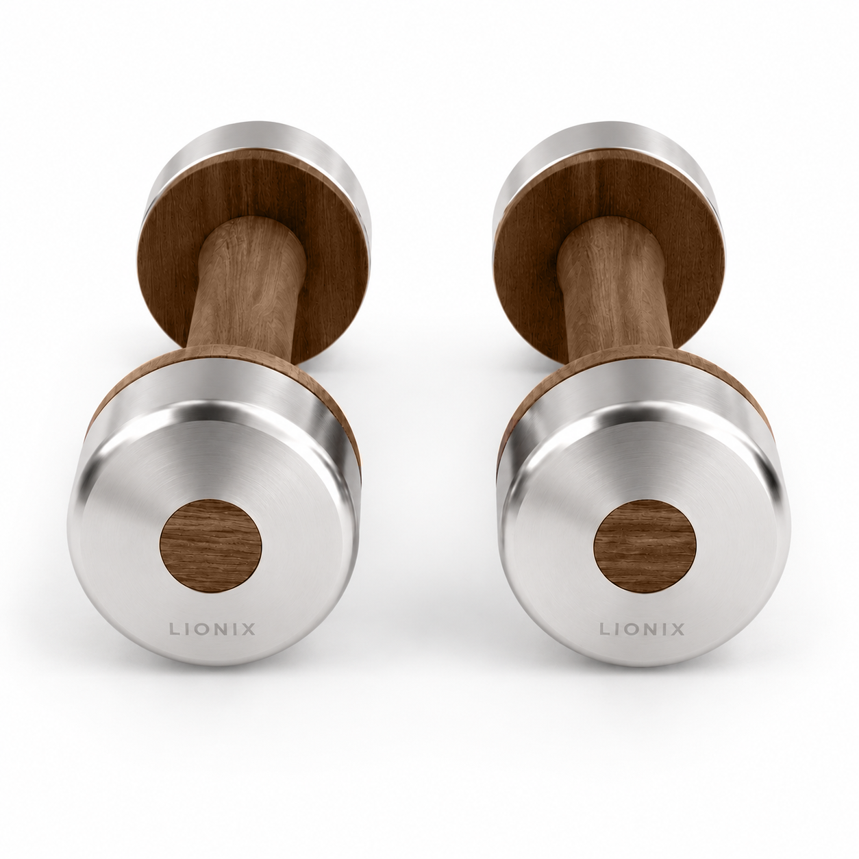 LIONIX CAELON luxury dumbbell pair in brushed silver finish with walnut wood handles