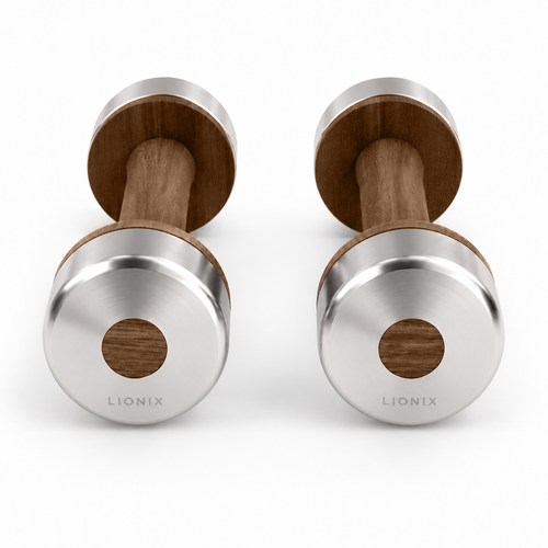 LIONIX CAELON luxury dumbbell pair in brushed silver finish with walnut wood handles