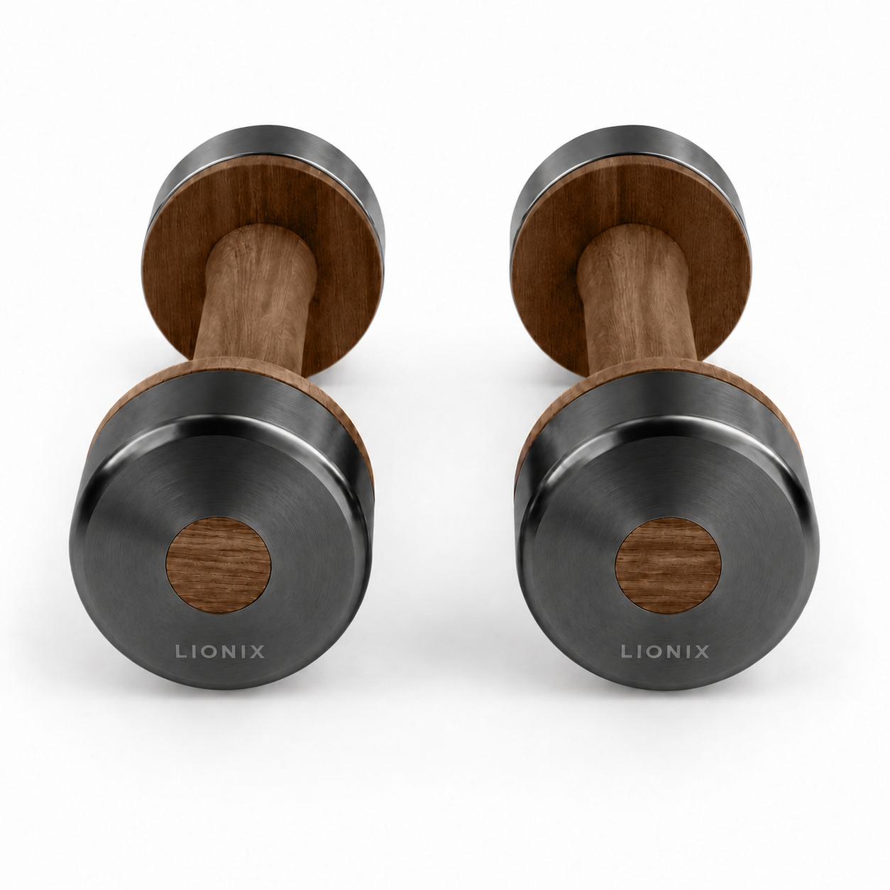 LIONIX CAELON luxury dumbbell pair in matte black finish with walnut wood handles