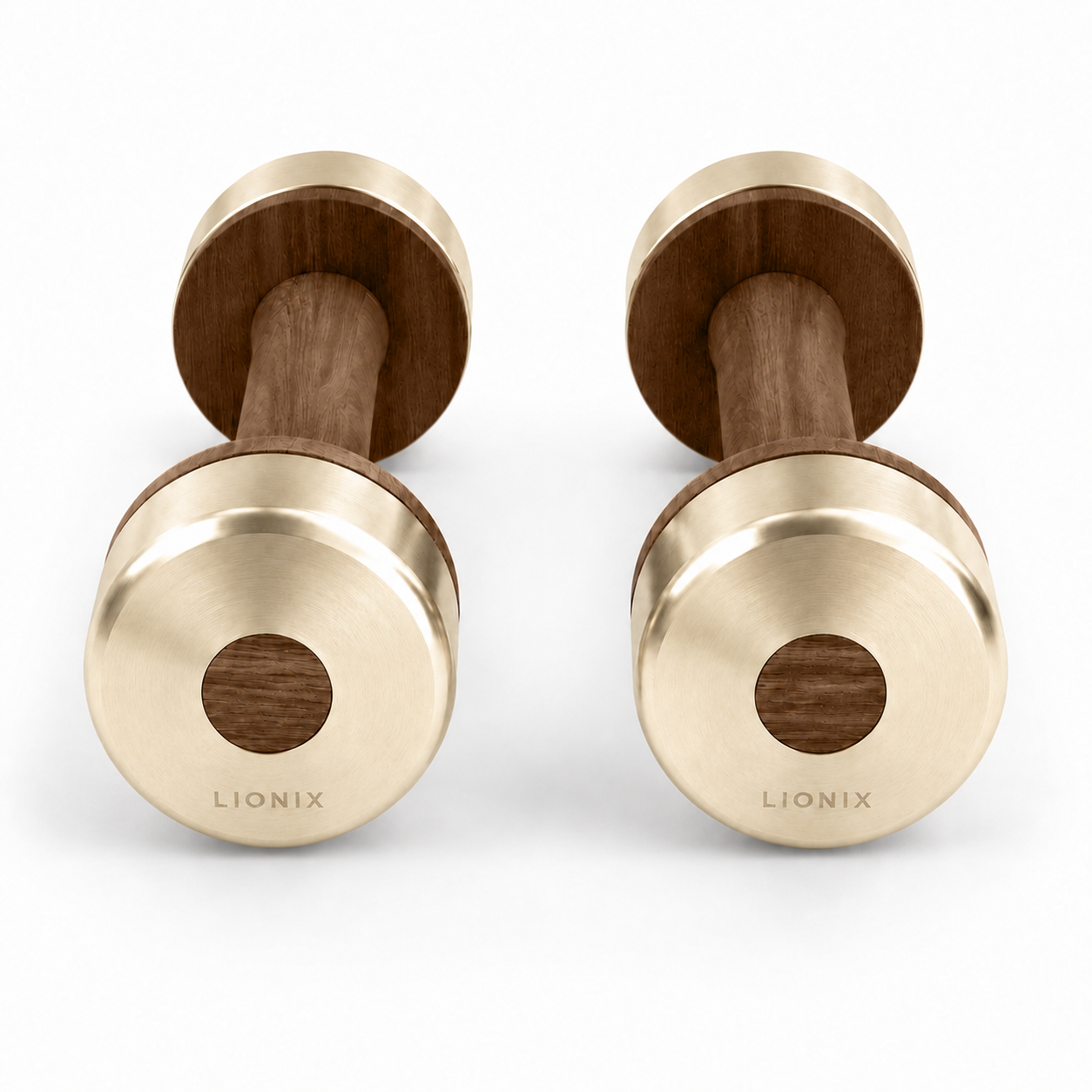 LIONIX CAELON luxury dumbbell pair in titanium gold finish with walnut wood handles