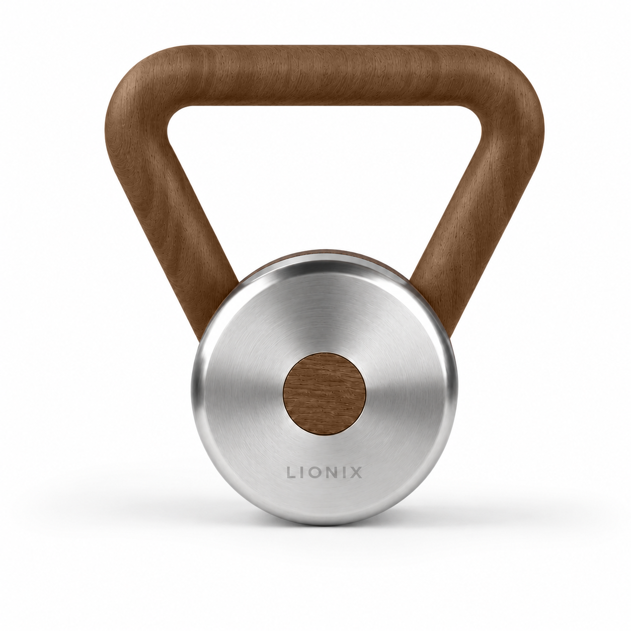 LIONIX CAELON luxury kettlebell in brushed silver finish with walnut handle