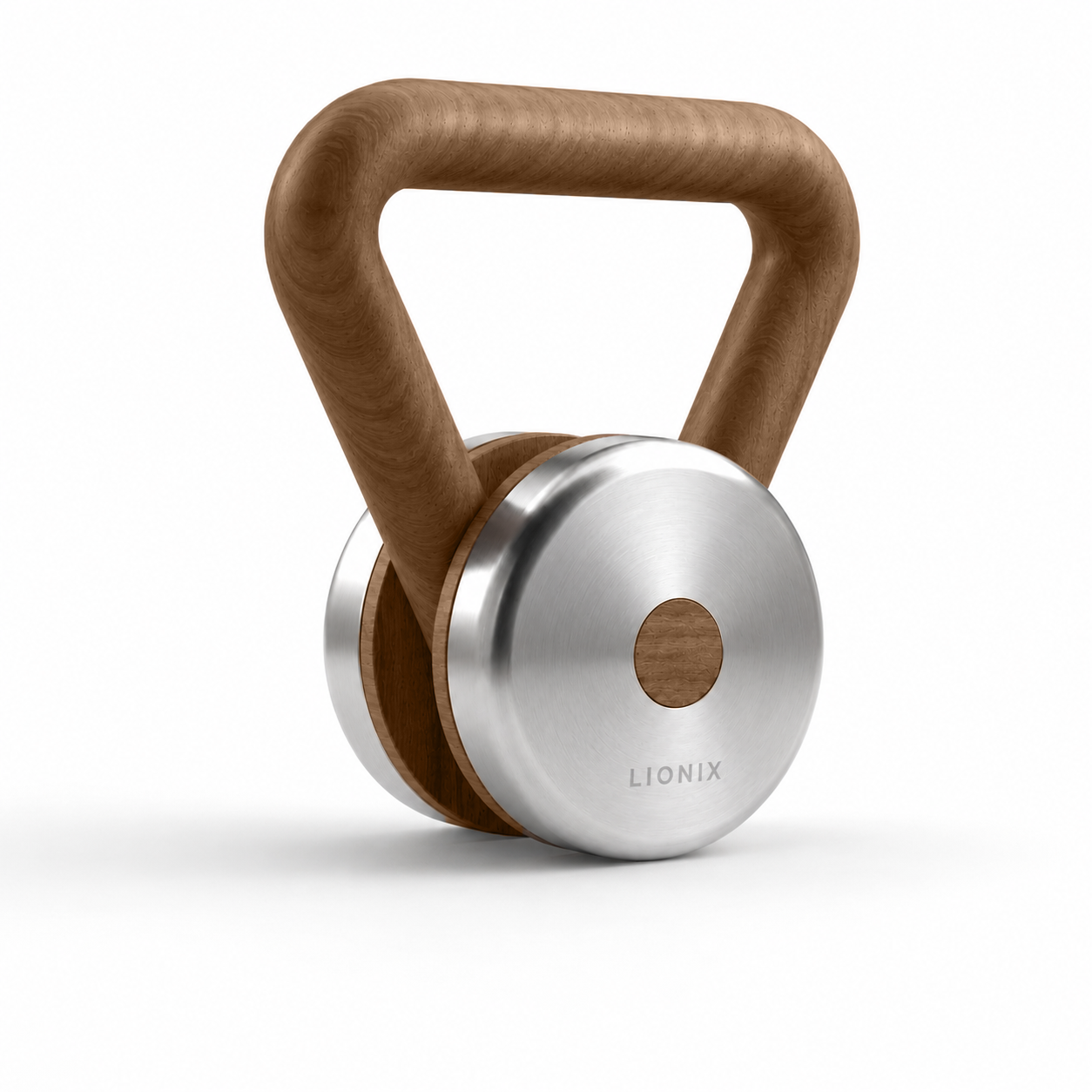LIONIX CAELON luxury kettlebell in brushed silver finish with walnut handle