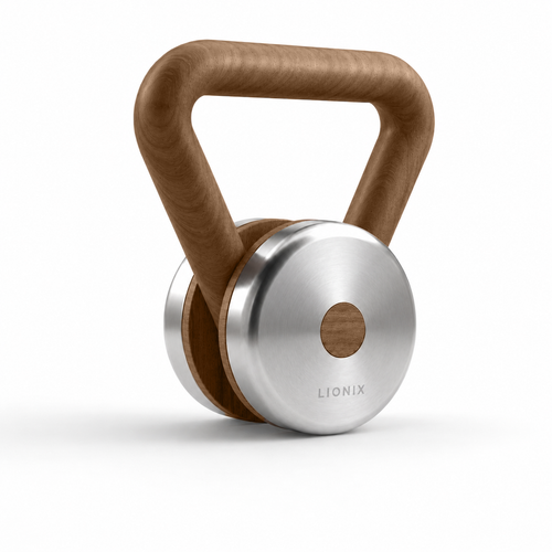LIONIX CAELON luxury kettlebell in brushed silver finish with walnut handle