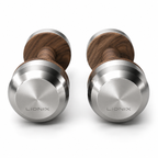 LIONIX EIDON luxury dumbbell pair in brushed silver finish with walnut wood handles