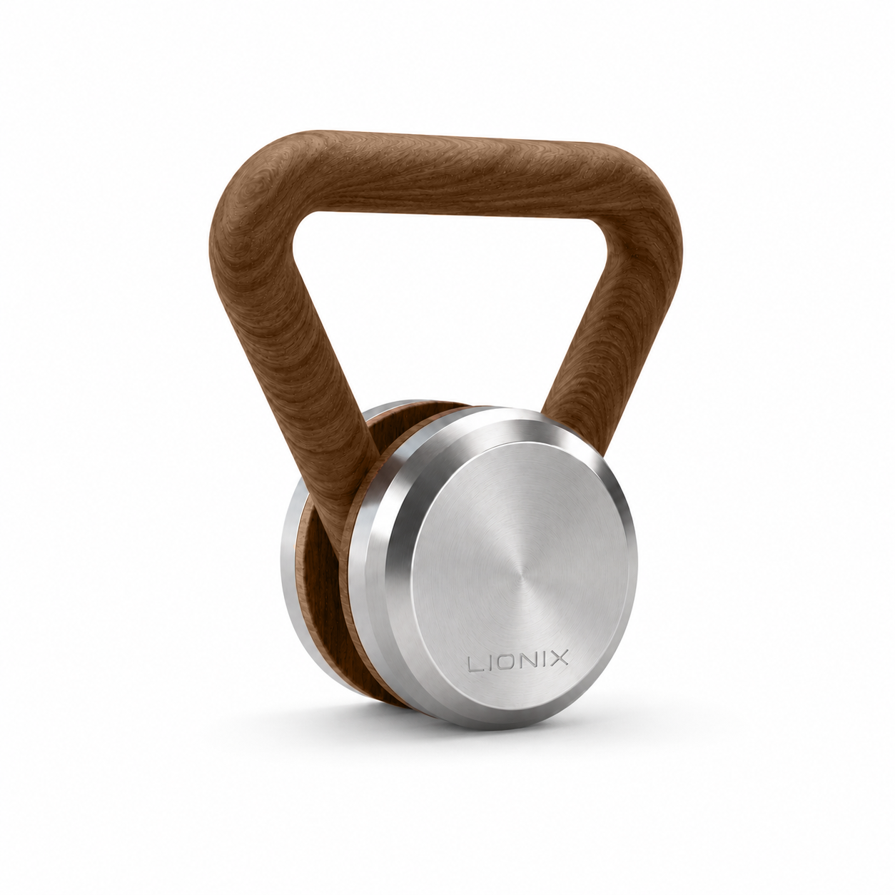 LIONIX EIDON luxury kettlebell in brushed silver finish with walnut handle