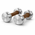 LIONIX LYRON luxury dumbbell pair in brushed silver finish with walnut wood handles