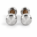 LIONIX LYRON luxury dumbbell pair in brushed silver finish with walnut wood handles