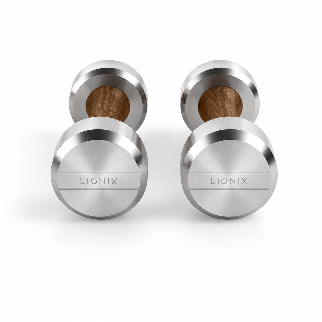 LIONIX LYRON luxury dumbbell pair in brushed silver finish with walnut wood handles