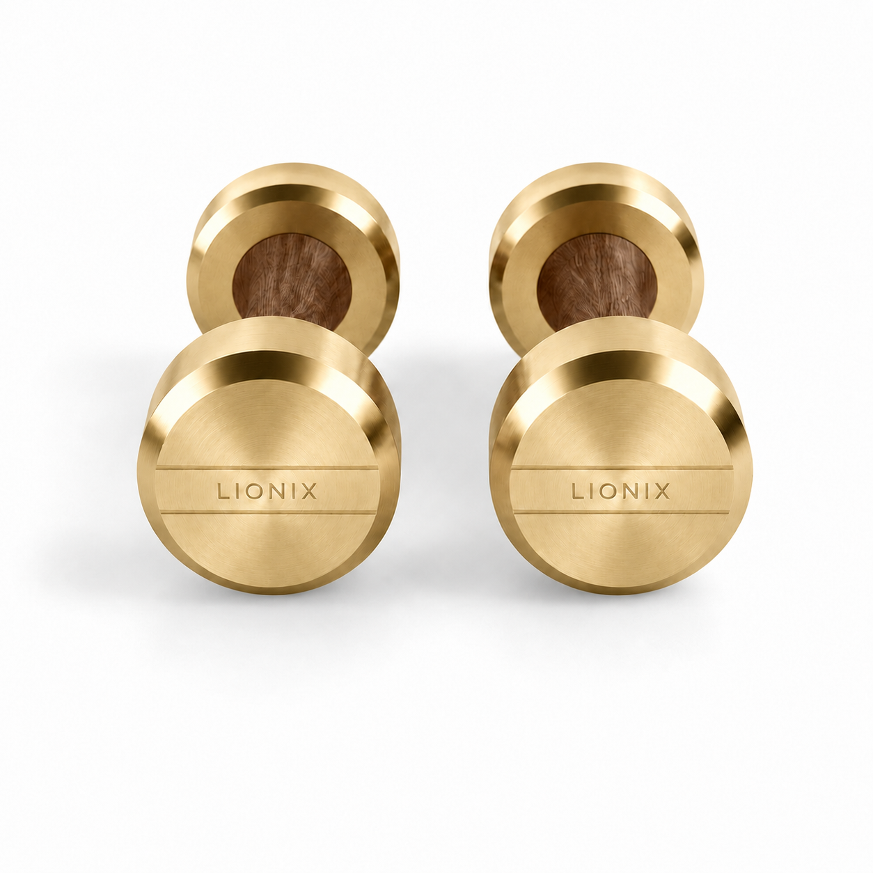 LIONIX LYRON luxury dumbbell pair in champagne gold finish with walnut wood handles