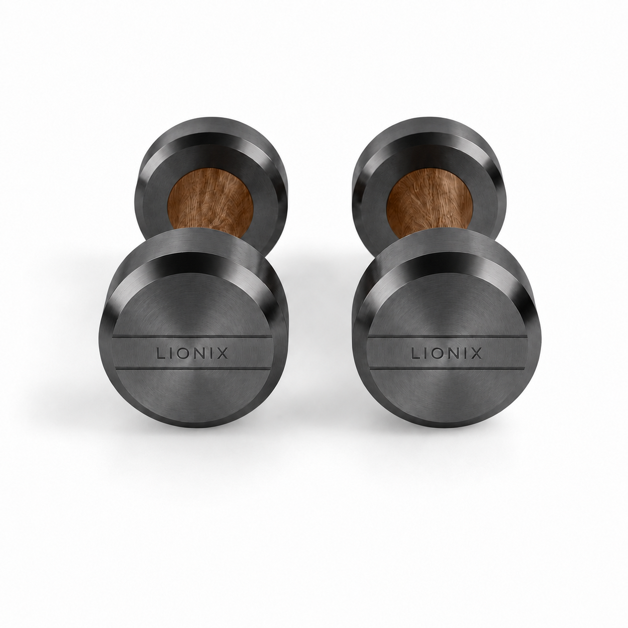 LIONIX LYRON luxury dumbbell pair in matte black finish with walnut wood handles