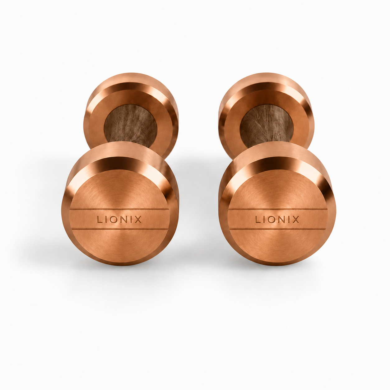 LIONIX LYRON luxury dumbbell pair in rose gold finish with walnut wood handles