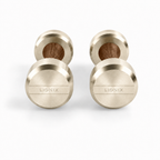 LIONIX LYRON luxury dumbbell pair in titanium gold finish with walnut wood handles