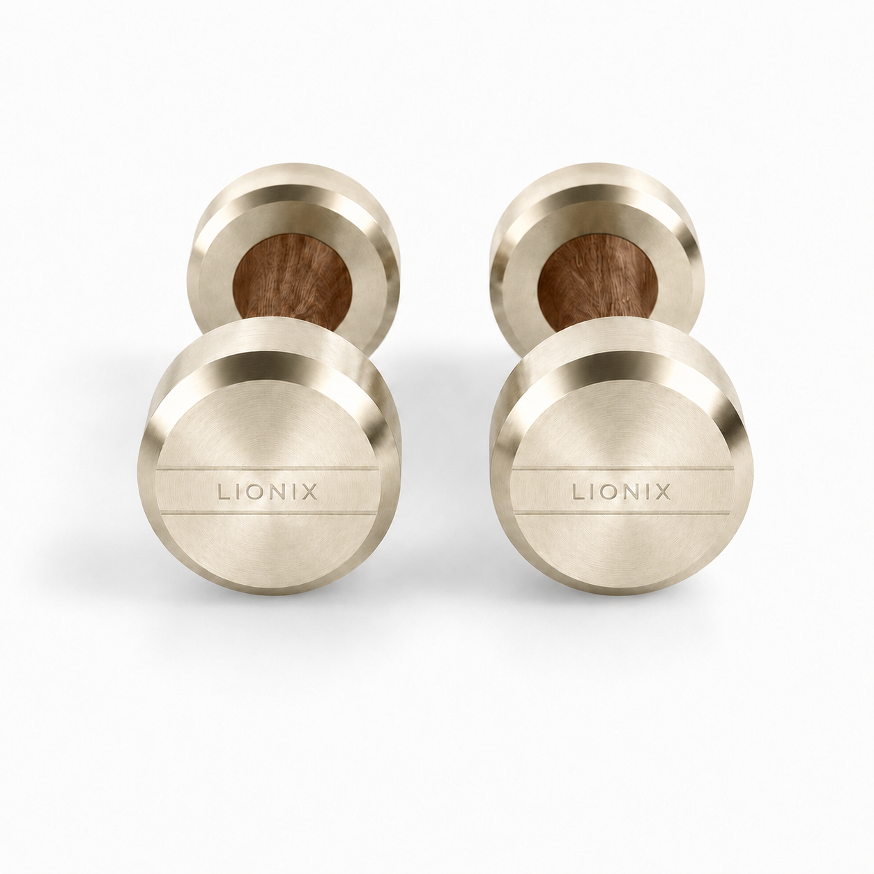 LIONIX LYRON luxury dumbbell pair in titanium gold finish with walnut wood handles