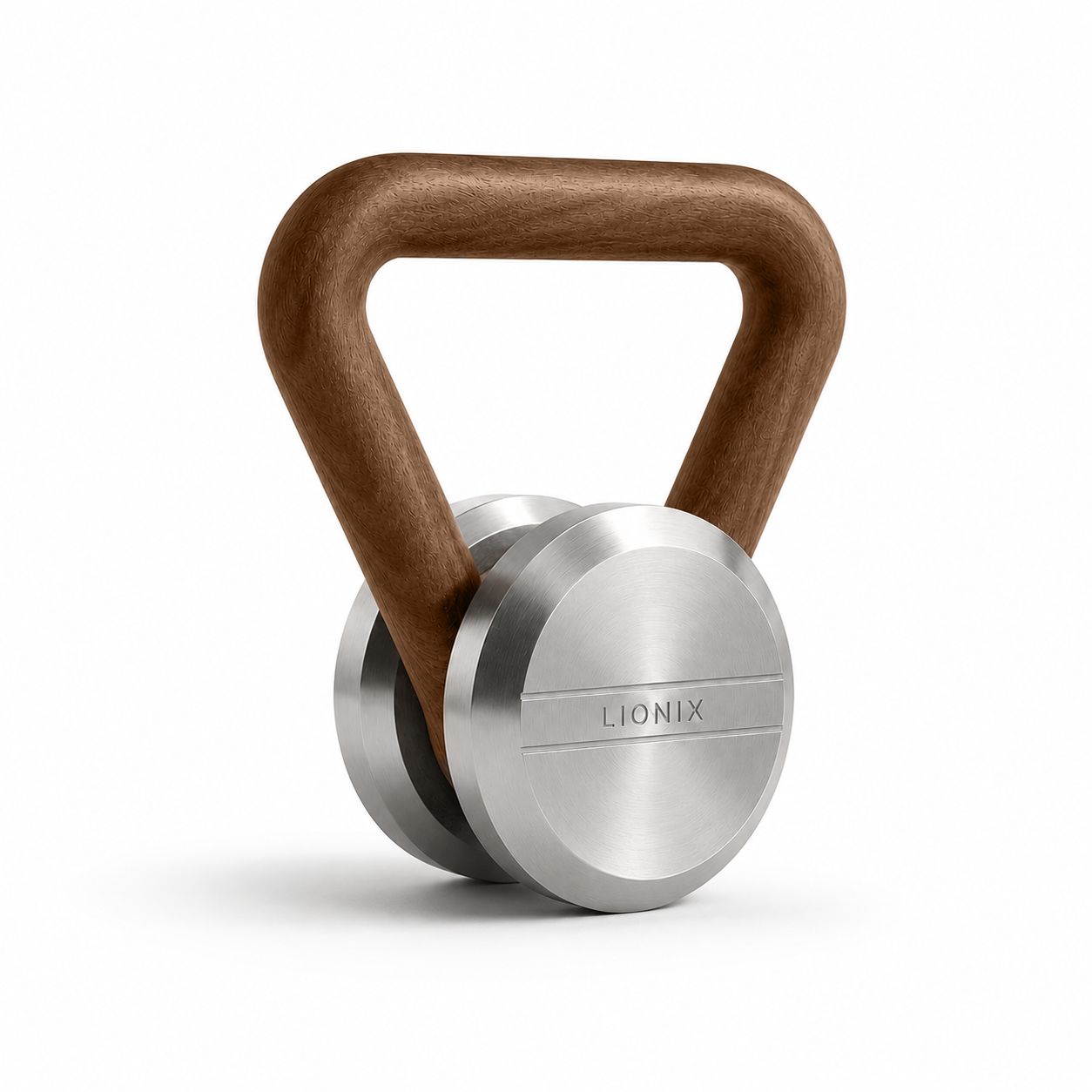 LIONIX LYRON luxury kettlebell in brushed silver finish with walnut handle