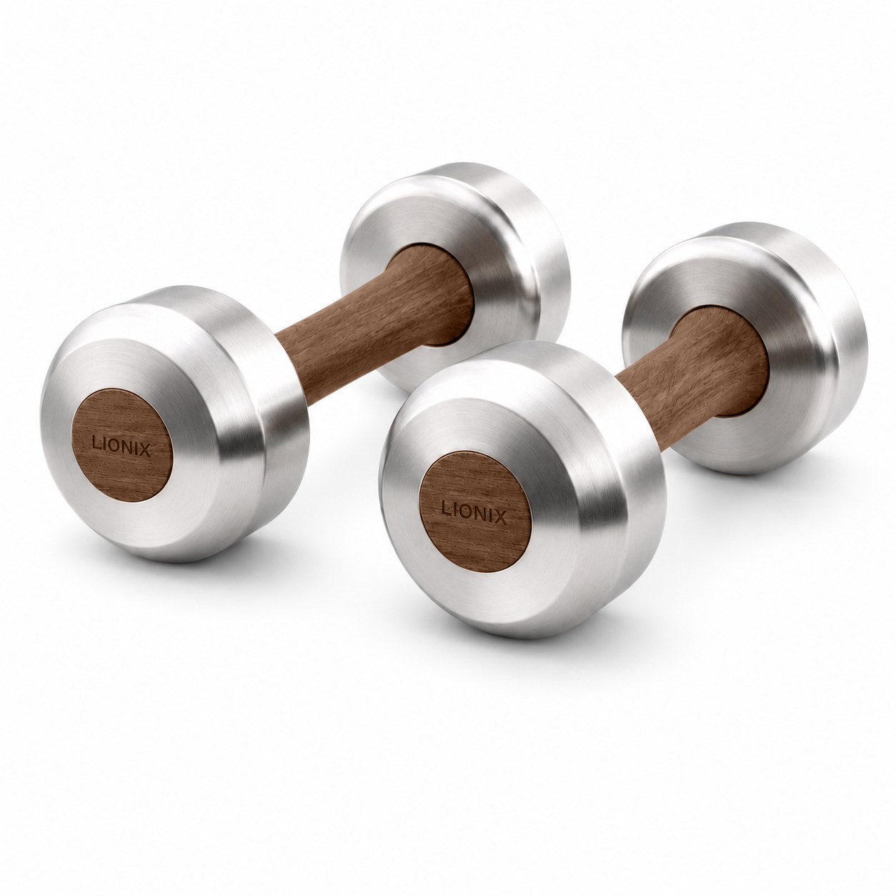 LIONIX ORON luxury dumbbell pair in brushed silver finish with walnut wood handles