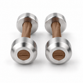 LIONIX ORON luxury dumbbell pair in brushed silver finish with walnut wood handles