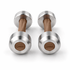 LIONIX ORON luxury dumbbell pair in brushed silver finish with walnut wood handles