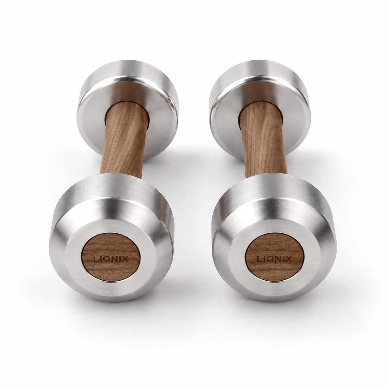 LIONIX ORON luxury dumbbell pair in brushed silver finish with walnut wood handles