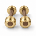 LIONIX ORON luxury dumbbell pair in champagne gold finish with walnut wood handles