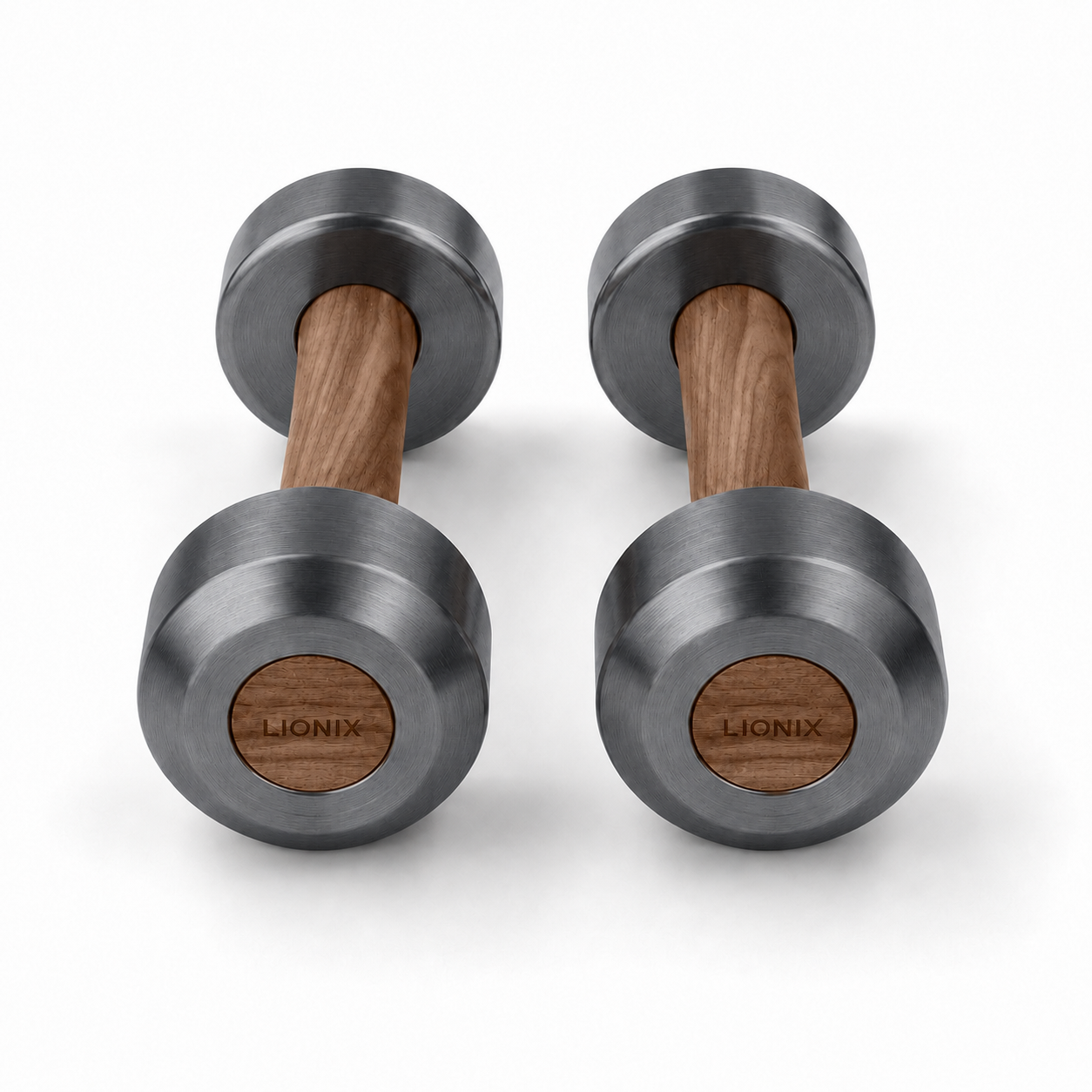 LIONIX ORON luxury dumbbell pair in matte black finish with walnut wood handles