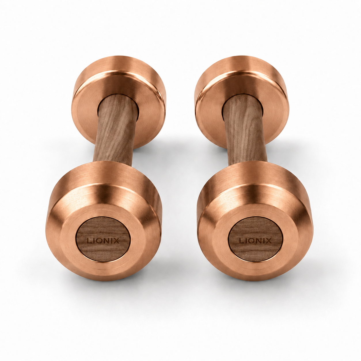 LIONIX ORON luxury dumbbell pair in rose gold finish with walnut wood handles