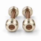 LIONIX ORON luxury dumbbell pair in titanium gold finish with walnut wood handles