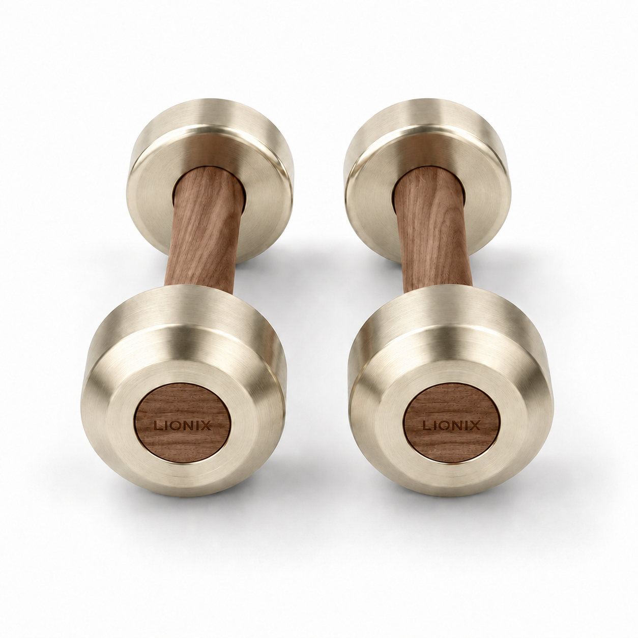 LIONIX ORON luxury dumbbell pair in titanium gold finish with walnut wood handles