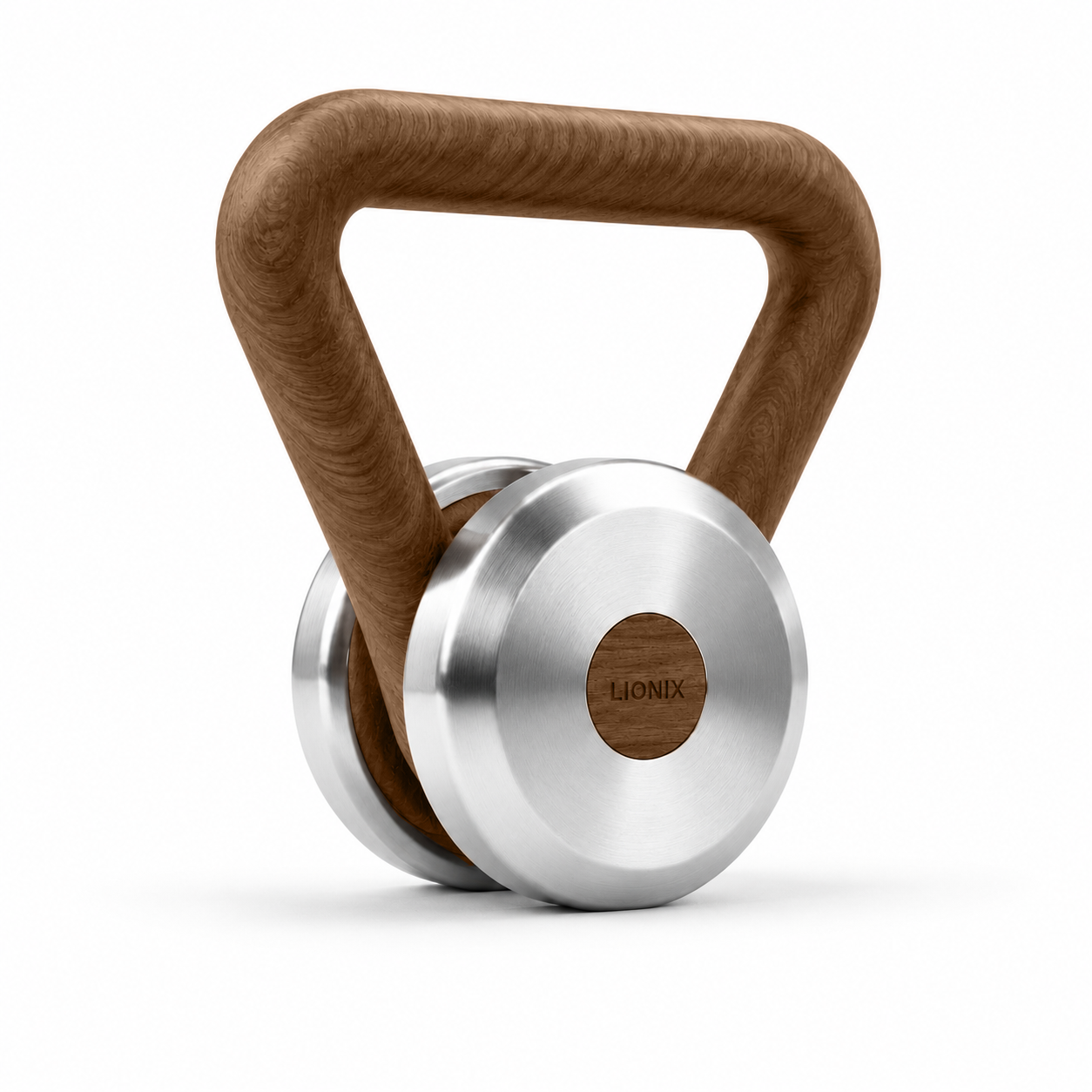 LIONIX ORON luxury kettlebell in brushed silver finish with walnut handle