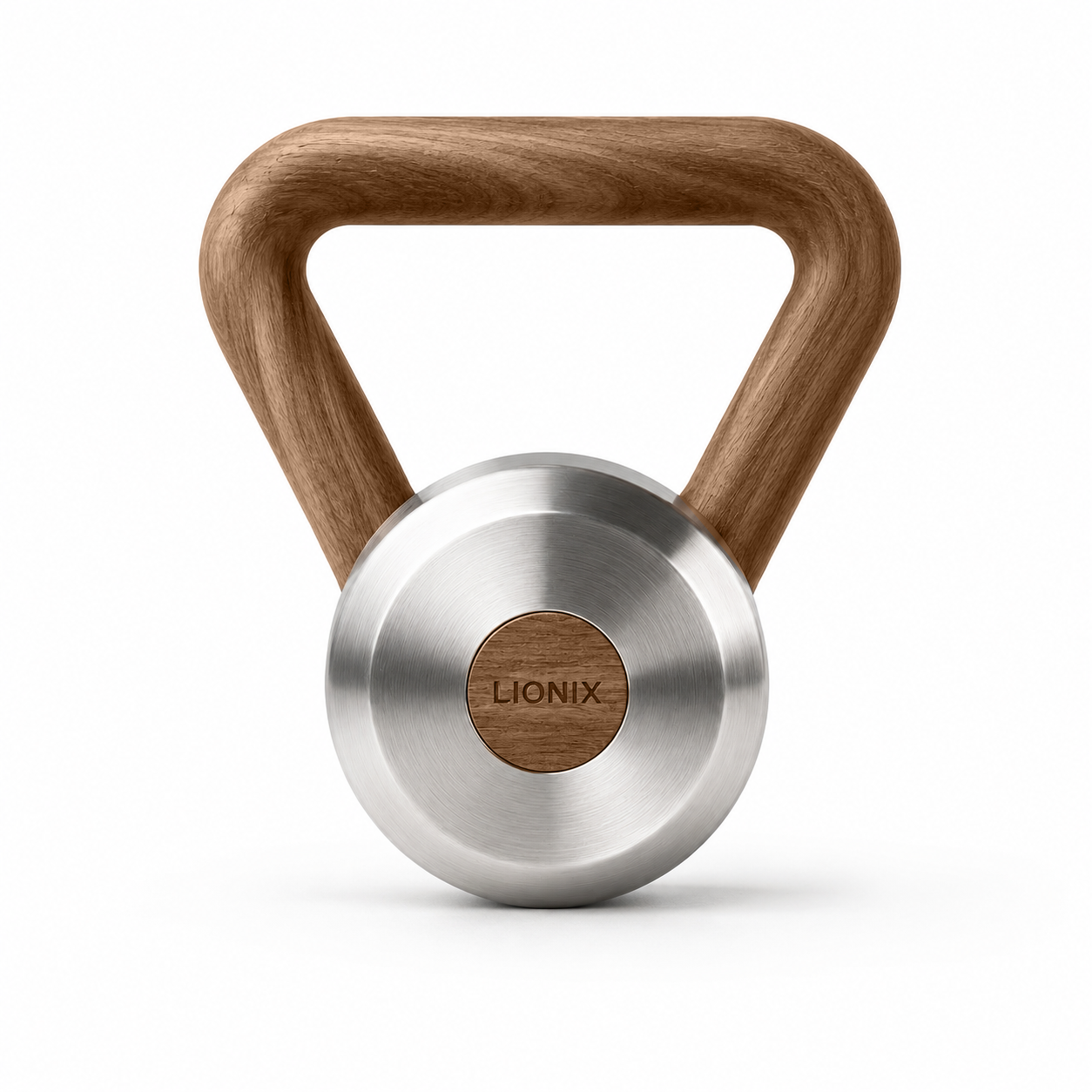 LIONIX ORON luxury kettlebell in brushed silver finish with walnut handle