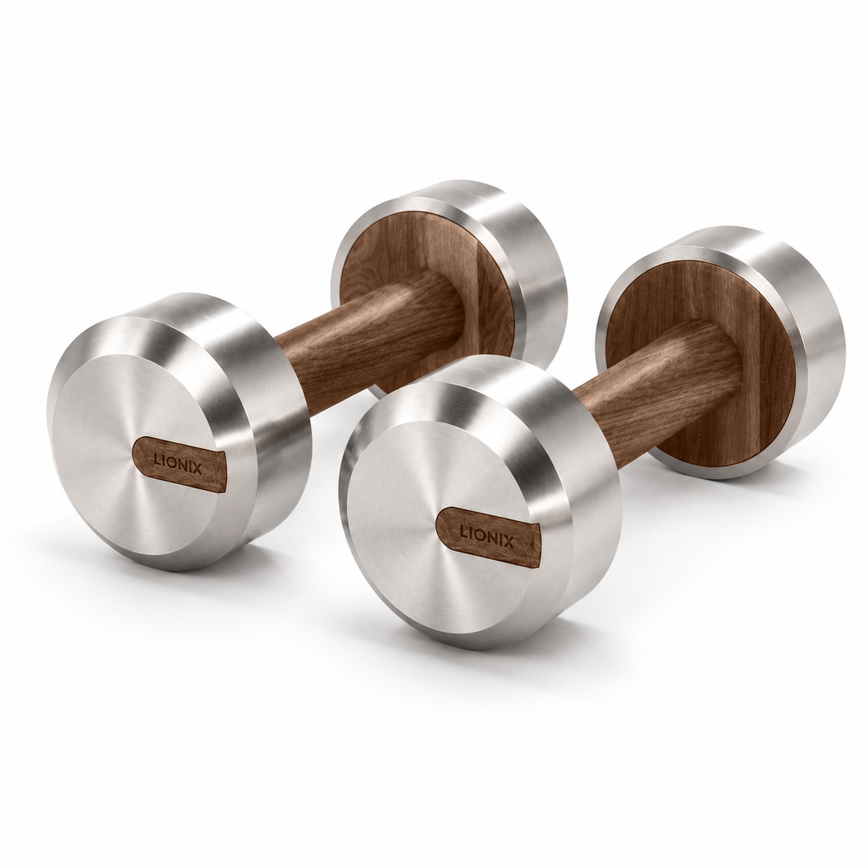 LIONIX ORVIAN luxury dumbbell pair in brushed silver finish with walnut wood handles