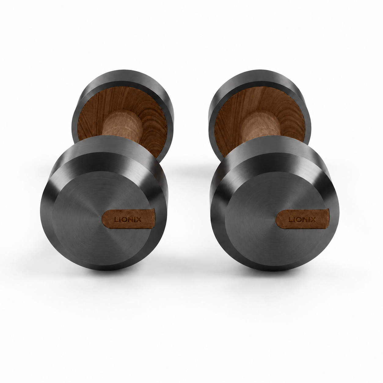 LIONIX ORVIAN luxury dumbbell pair in matte black finish with walnut wood handles